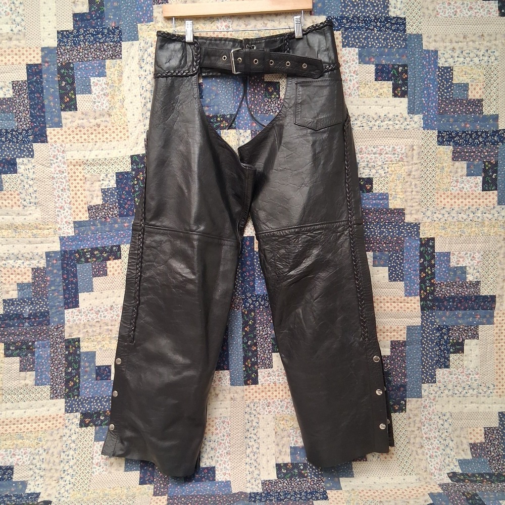 UNIK Leather Motorcycle Chaps Womens XL Black Braided Trim Biker Western